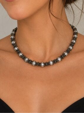 Intricate Gunmetal Pearl Embellished Necklace